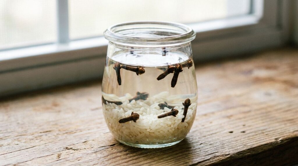 A close-up of a small glass jar containing baby oil rice and whole cloves sitting on a wooden surface suggesting the inf