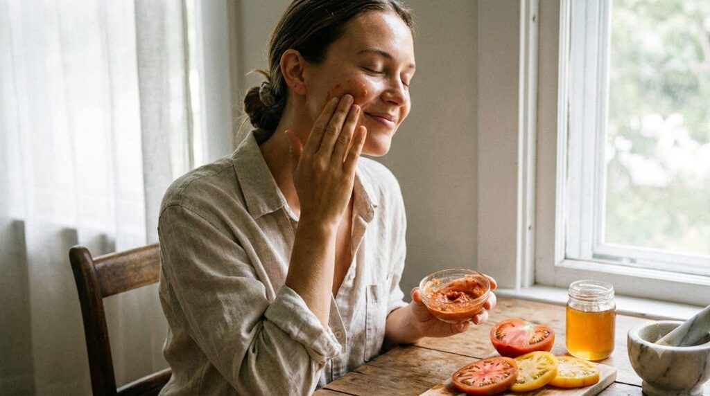 A woman gently rubbing a tomato and honey mixture onto her cheek with a serene expression bathed in soft natural light