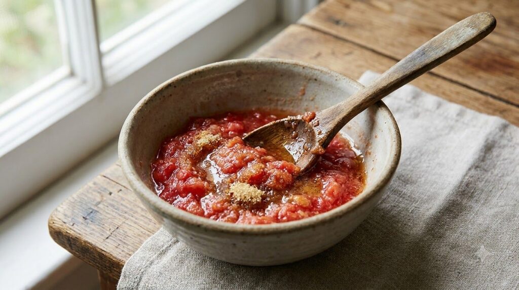 Close-up of a small bowl containing the mixed tomato honey and sugar paste with a mixing spoon