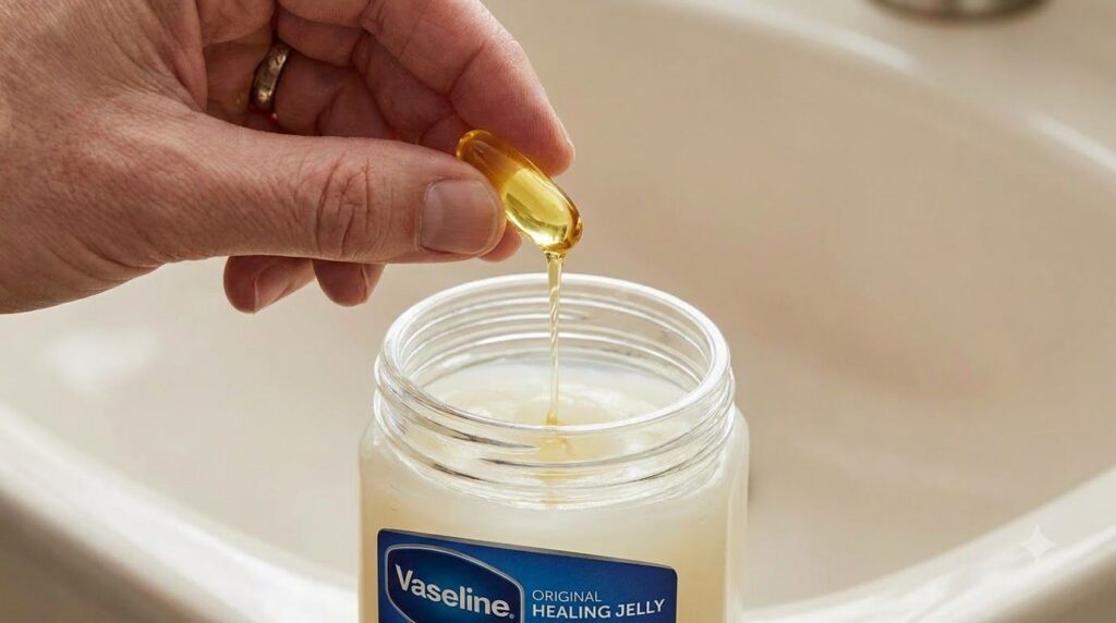 Close-up of Vitamin E liquid being squeezed from a capsule into Vaseline in a jar