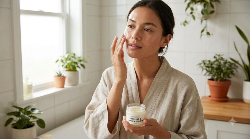 A woman gently massaging a small amount of the homemade Vaseline and Vitamin E blend onto her clean face