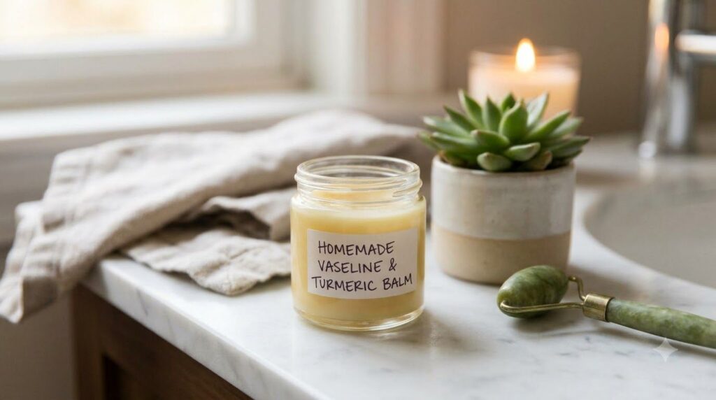 A close-up shot of a small labeled container of homemade Vaseline and turmeric blend with a soft yellow tint sitting on 