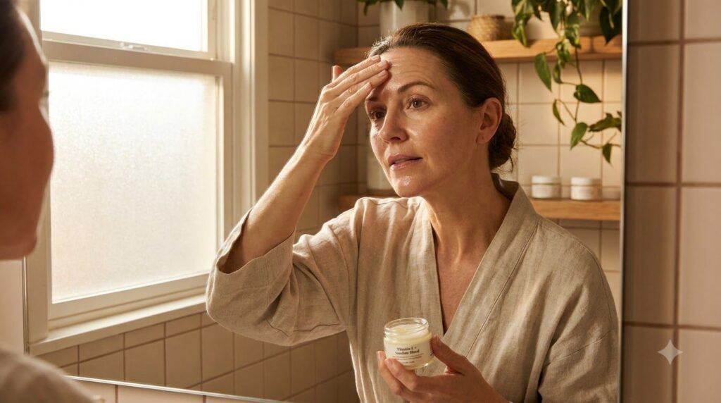 A woman gently massaging a small amount of the Vaseline and Vitamin E blend onto her forehead focusing on areas with fin
