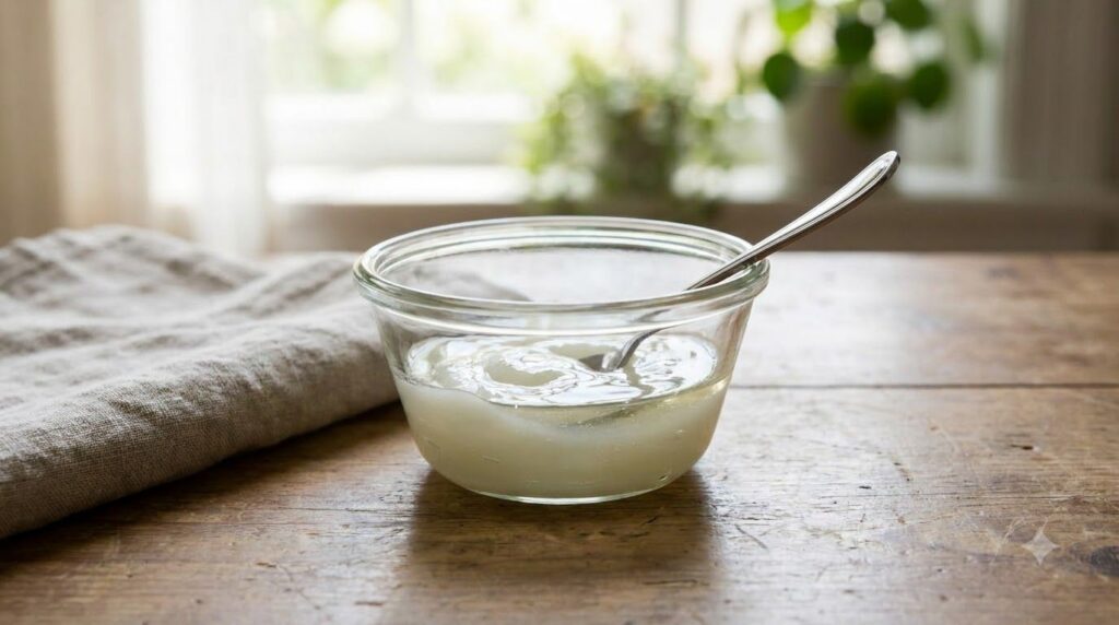 Small bowl with Vaseline and baby oil mixed showing a smooth glossy texture
