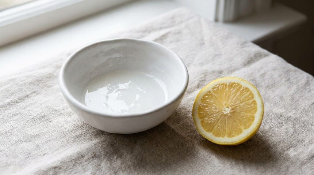 A small bowl with a mixture of Vaseline and lemon juice with a fresh lemon slice nearby