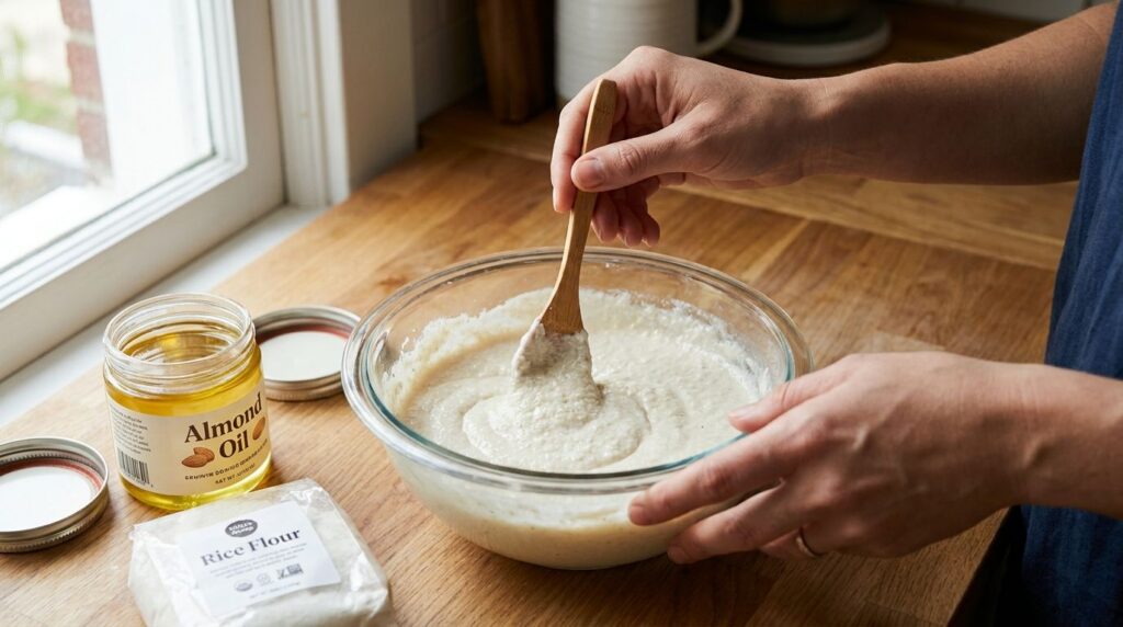 A person s hands mixing the Vaseline almond oil and rice flour in a small glass bowl with a spoon showing the process of