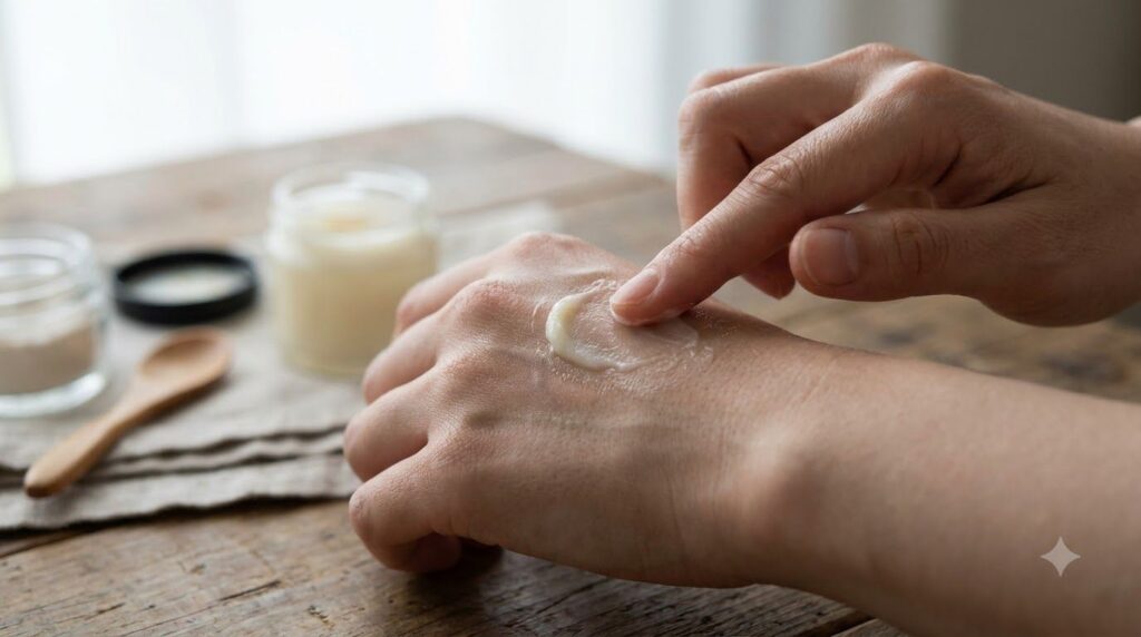 A small amount of the finished Vaseline almond oil and rice flour balm being gently applied to the back of a hand showin
