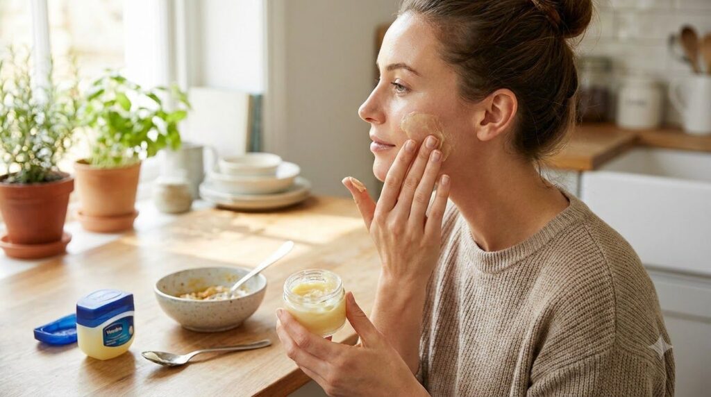 A woman gently applying a DIY face mask to her cheek illustrating the usage of one of the Vaseline-based remedies Her sk