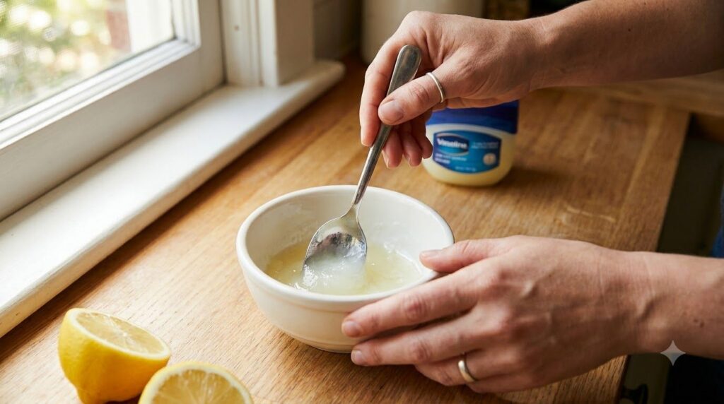 Hands mixing Vaseline with fresh lemon juice in a small white bowl with a spoon showing the preparation for a brightenin