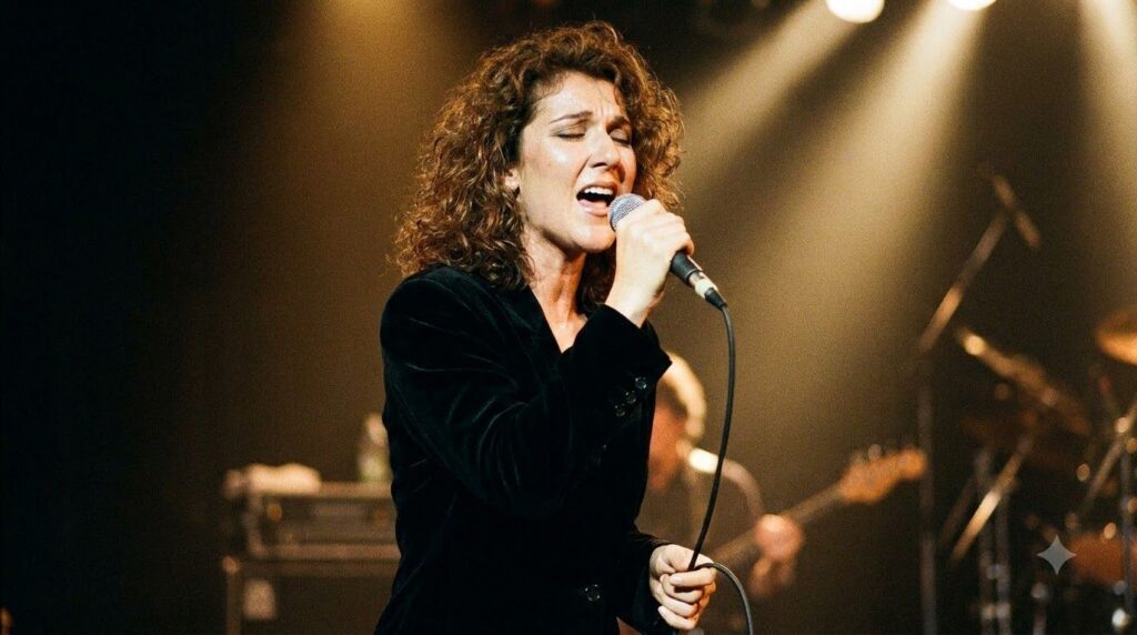 A young Celine Dion performing during the 1980s or early 1990s showcasing her powerful vocal style