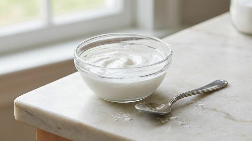Close-up of a small glass bowl containing a white paste made from baking soda and water with a small mixing spoon next t