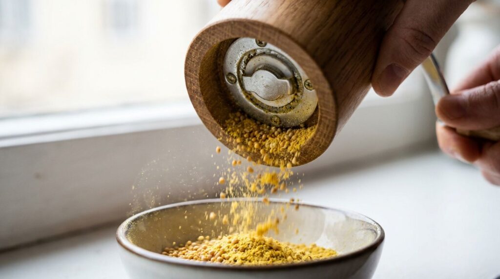 Close-up of a spice grinder finely grinding yellow mustard seeds into a smooth powder