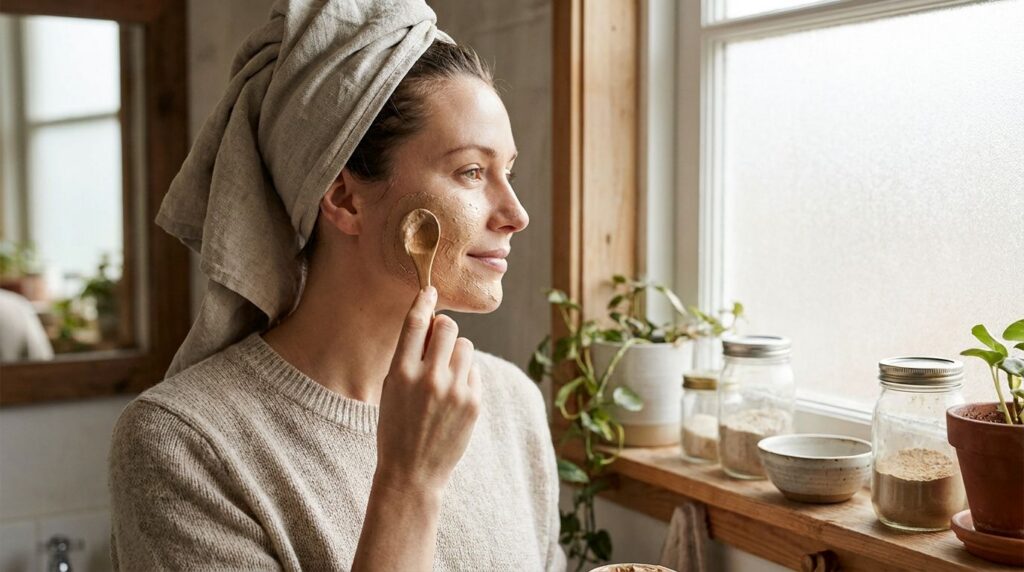 A woman gently applying a homemade powder face mask to her clean skin with a glowing fresh complexion