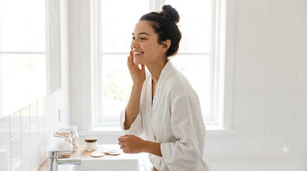 A woman smiling with visibly glowing smooth skin after using a natural face mask