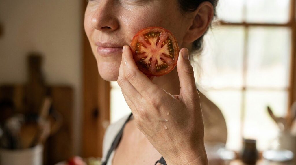A hand gently rubbing a tomato slice directly onto clean facial skin