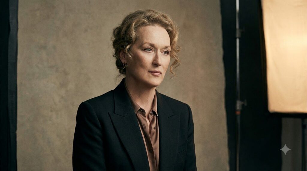 A real publicity photo of a younger Meryl Streep perhaps from the 1980s looking elegant and focused