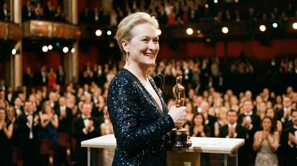 A real photo of Meryl Streep accepting an Academy Award showing her iconic smile and grace
