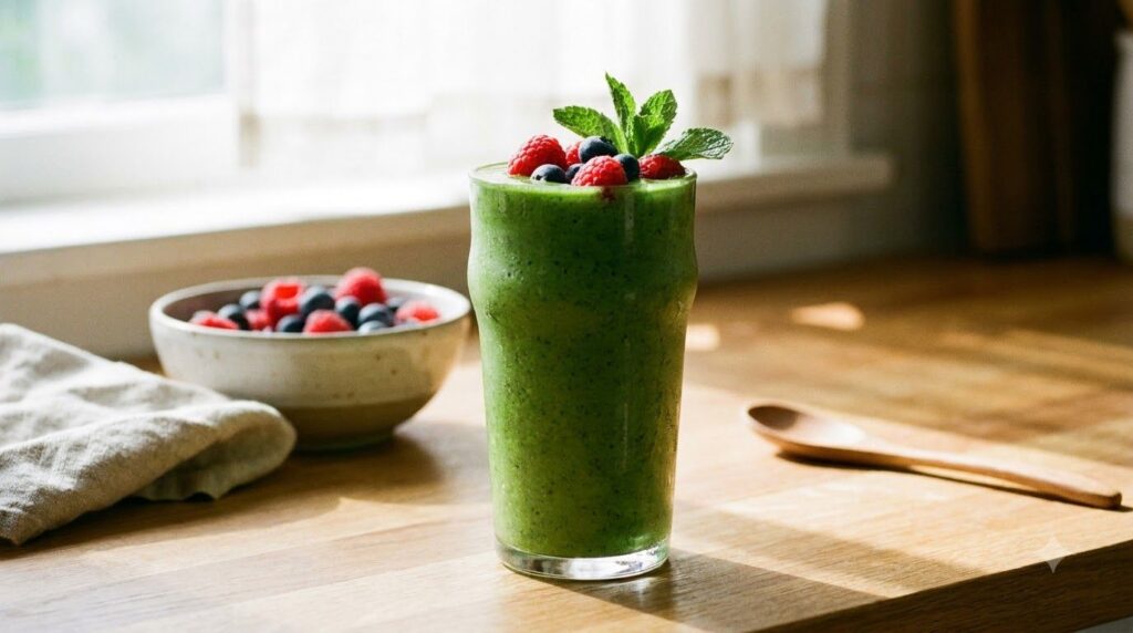 A vibrant green smoothie in a tall glass garnished with fresh mint and berries against a light background
