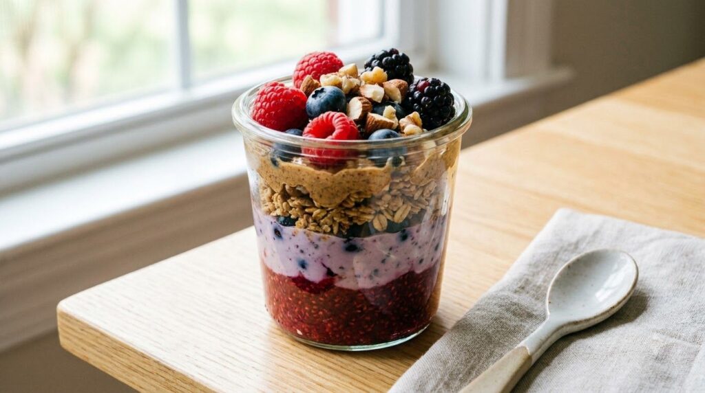 A clear jar filled with colorful layers of overnight oats topped with fresh berries and nuts ready to eat