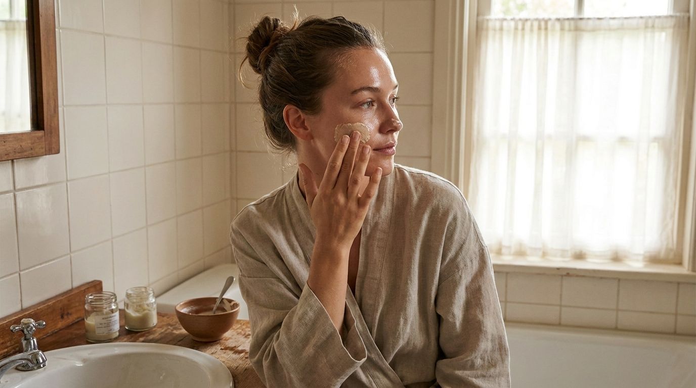 Una persona aplicando una mascarilla facial casera a su rostro con una tez suave y radiante