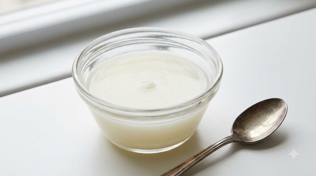 A close-up of a small bowl containing a mixture of Vaseline and a few drops of lemon juice with a mixing spoon