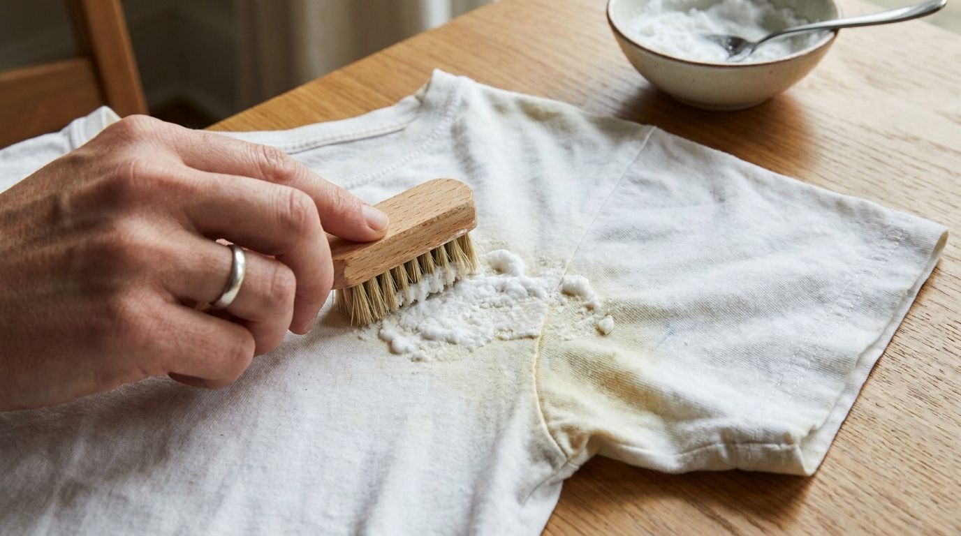 A close-up of a hand applying a paste of baking soda and water onto a yellow stain on a white t-shirt using a small brus