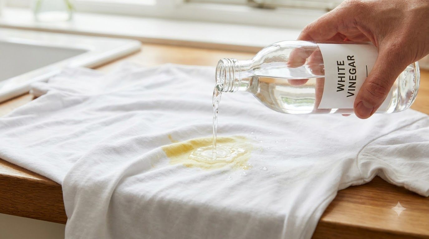 A bottle of white vinegar being poured directly onto a yellow stain on a white t-shirt with a light scrubbing motion ind