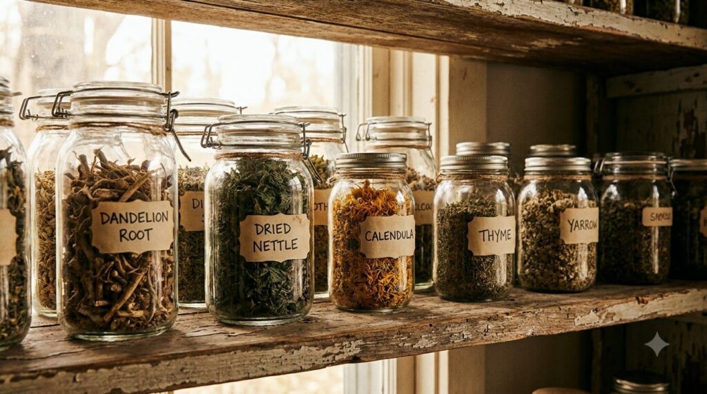 A collection of various dried herbs and dandelion roots in small glass jars labeled indicating proper storage for herbal