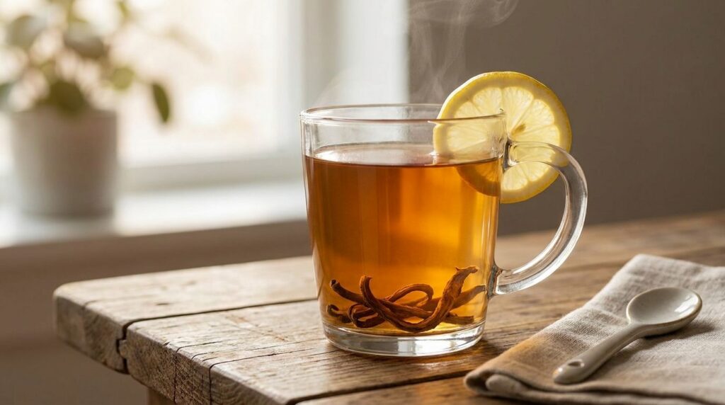 A cup of freshly brewed dandelion root tea with a few pieces of dried dandelion root visible at the bottom of the mug an