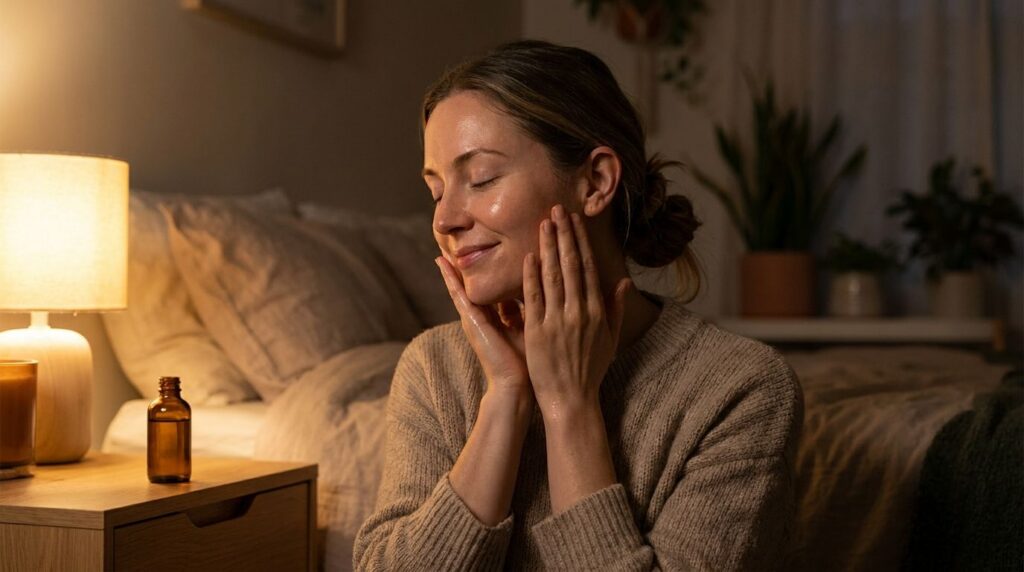 A woman gently massaging the DIY Botox Oil onto her face at night with a soft glowing complexion Her eyes are closed in 