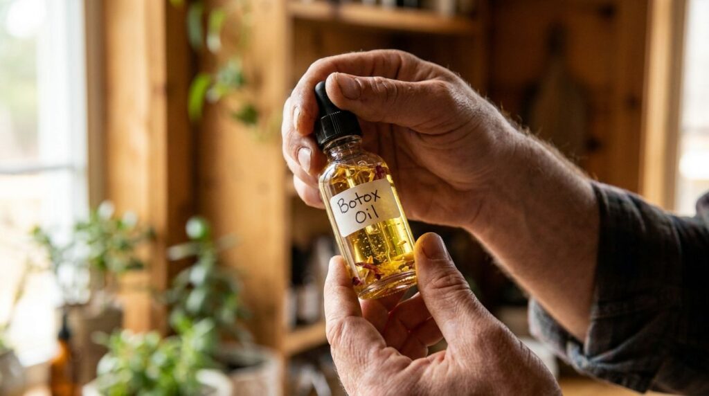 Hands mixing the ingredients for the DIY Botox Oil in a small dropper bottle The bottle is clear showing the various liq