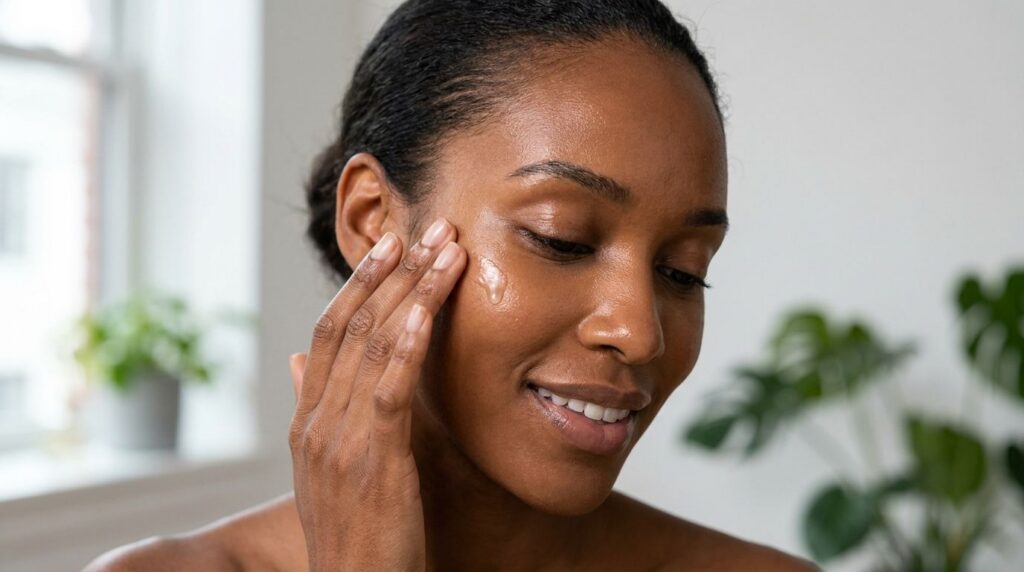 A woman gently massaging a small amount of the baby oil and Vaseline blend onto her cheek highlighting the radiant effec