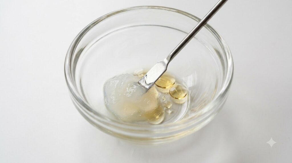 Close-up of a small glass bowl with Vaseline and a few drops of baby oil being mixed with a tiny spatula showing a smoot