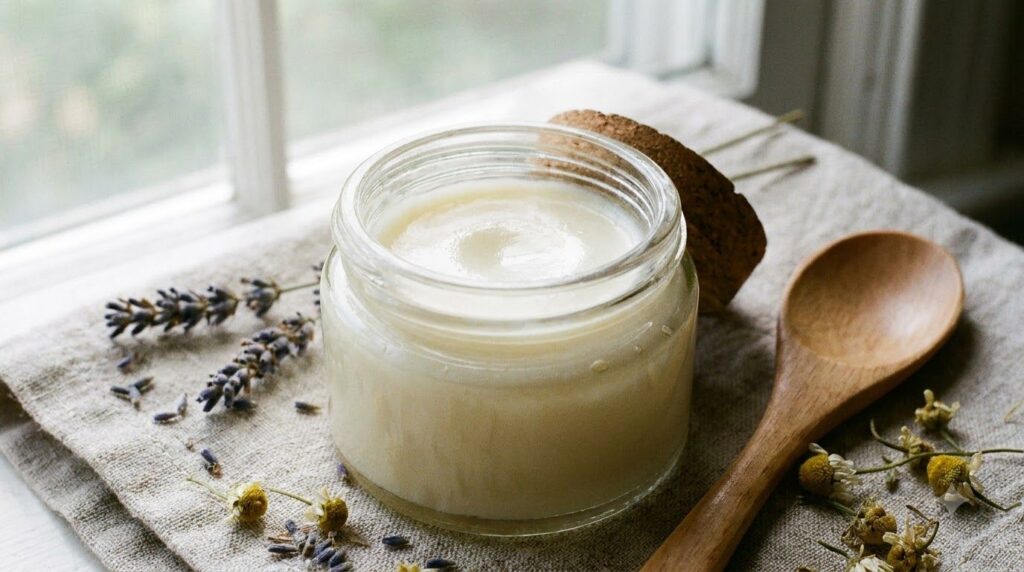 A close-up of a small glass jar filled with the finished DIY skin balm showcasing its smooth creamy texture