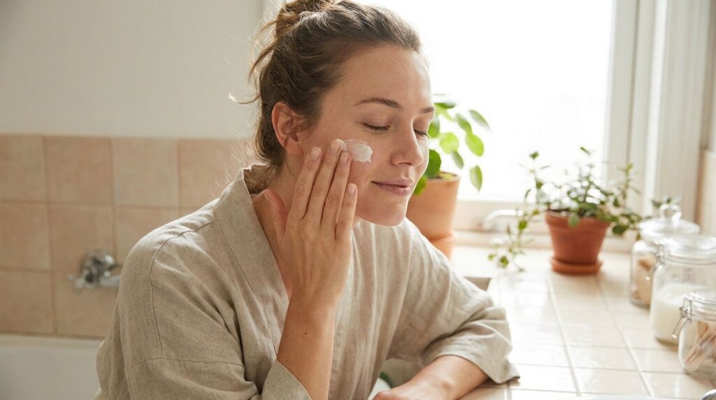 A woman applying a small amount of a creamy balm to her cheek gently massaging it into her skin