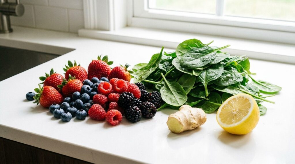 Various fresh ingredients laid out on a kitchen counter mixed berries a pile of fresh spinach a piece of ginger and half