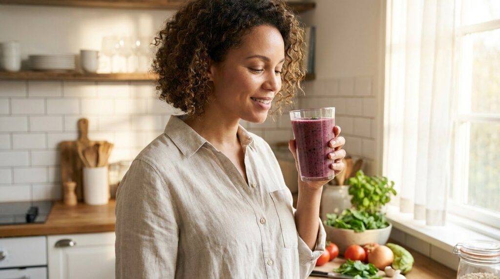 A woman smiling gently while holding a glass of the vibrant berry and spinach drink showing healthy glowing skin