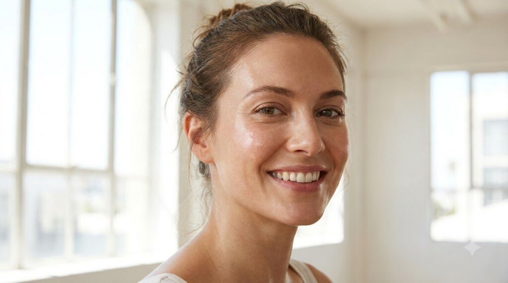 A woman smiling confidently with visibly glowing clear skin after using a natural face mask Her skin looks smooth and he