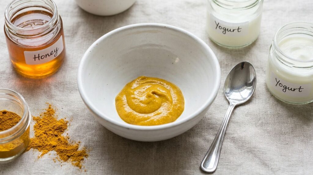 Close-up of a bowl containing a yellow homemade face mask with a spoon beside it and the individual ingredients honey yo