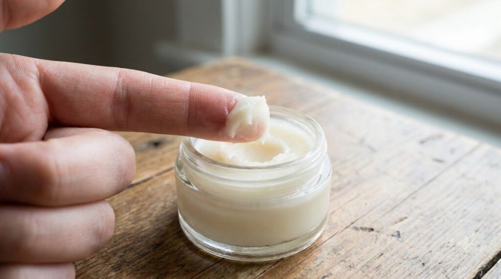 A small clear glass jar filled with a creamy white balm Vaseline and baby oil mix with a finger gently scooping a tiny a
