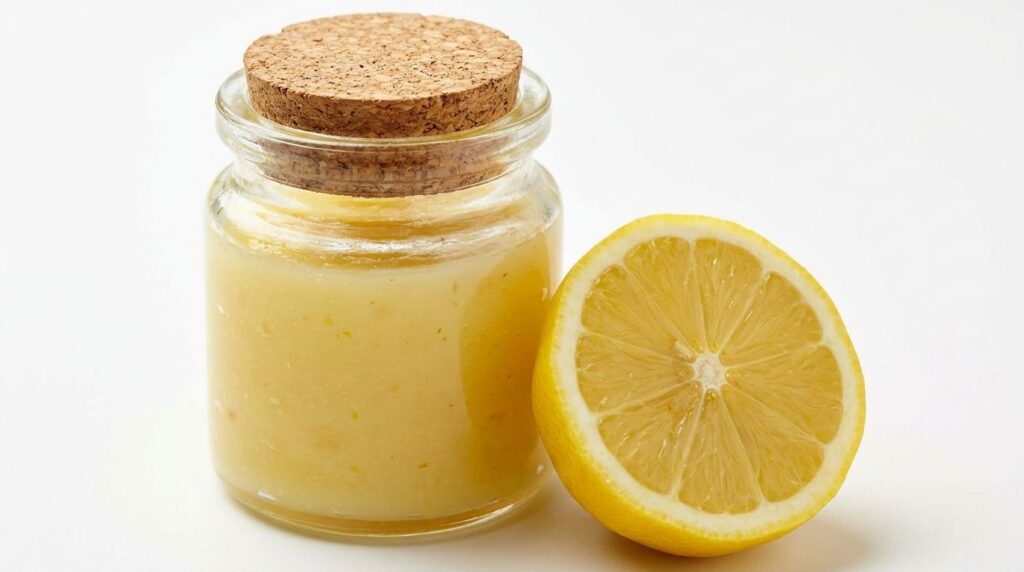 A close-up of a small glass container with a yellow-tinged Vaseline mix turmeric or lemon blend on a white background wi
