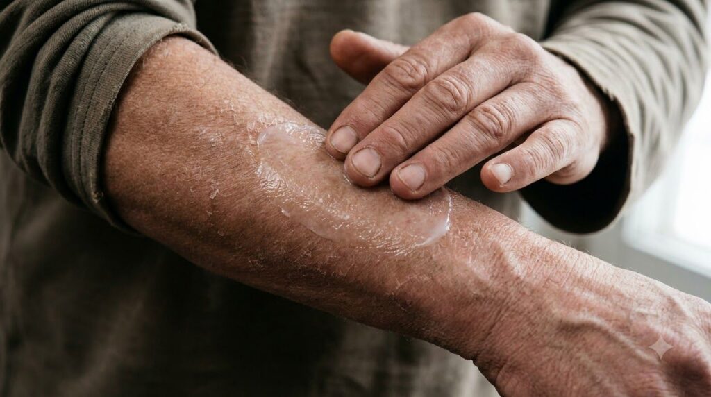 Hands applying petroleum jelly to dry skin showing a thin protective layer and smooth skin texture