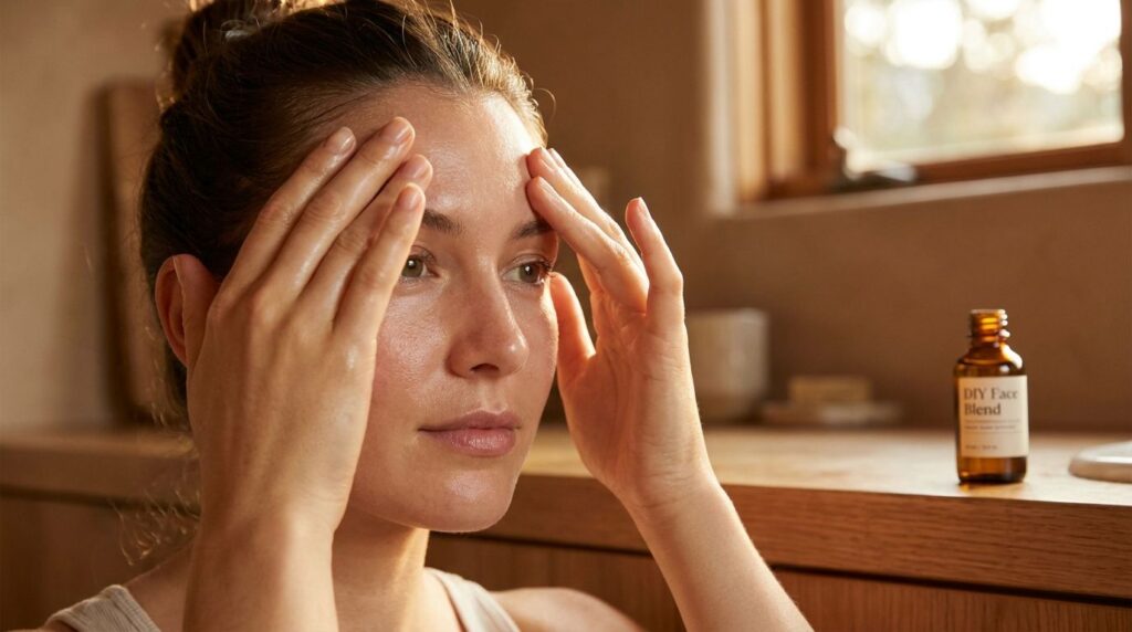 A person s hands gently massaging the DIY Botox Oil blend onto their clean face focusing on areas like the forehead and 