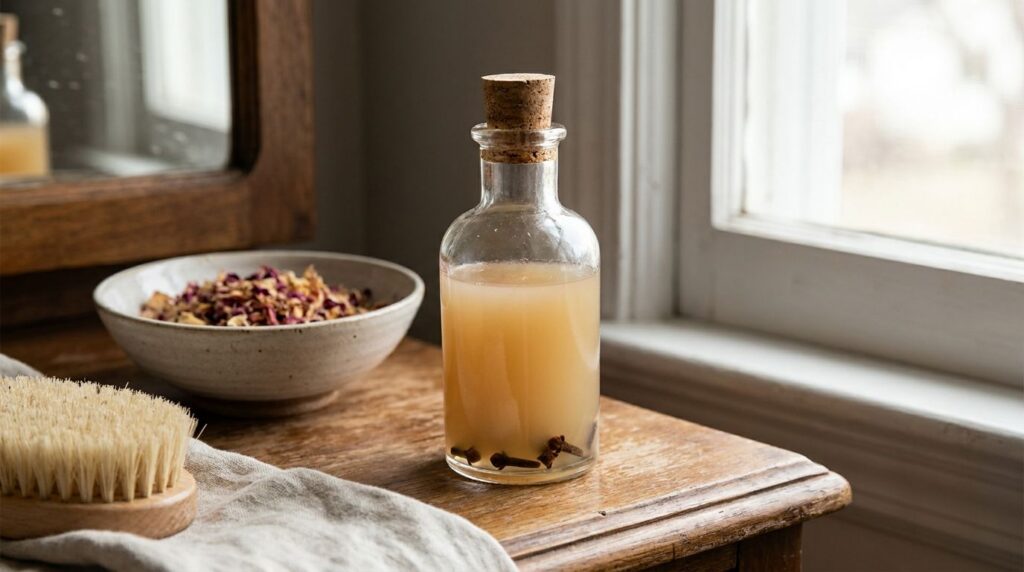 A close-up of a small glass bottle filled with the homemade Botox Oil blend showing its light amber color and possibly s