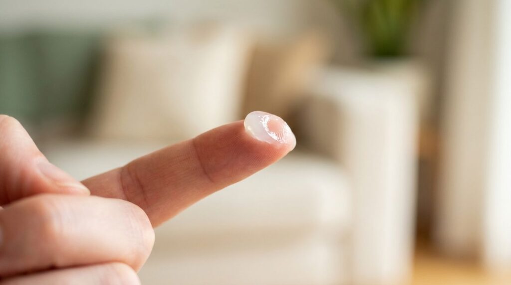 A small amount of petroleum jelly on a clean fingertip ready to be applied to skin with a blurred background