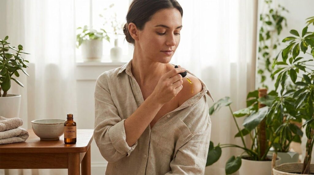 A woman gently massaging a small amount of diluted clove oil into her shoulder demonstrating a topical application for m