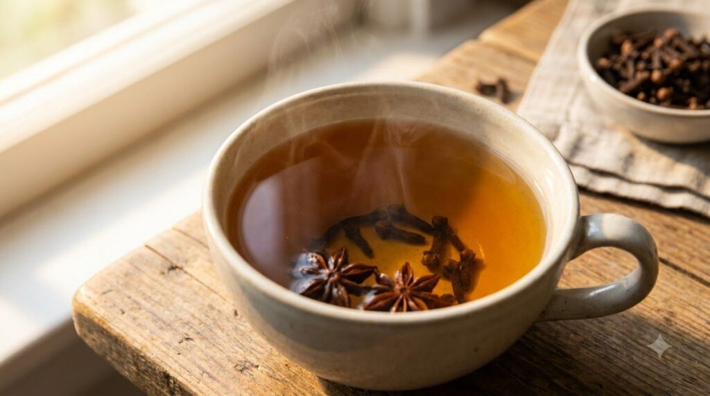 A close-up of a cup of golden-brown clove tea with whole cloves visible at the bottom of the cup and steam rising gently