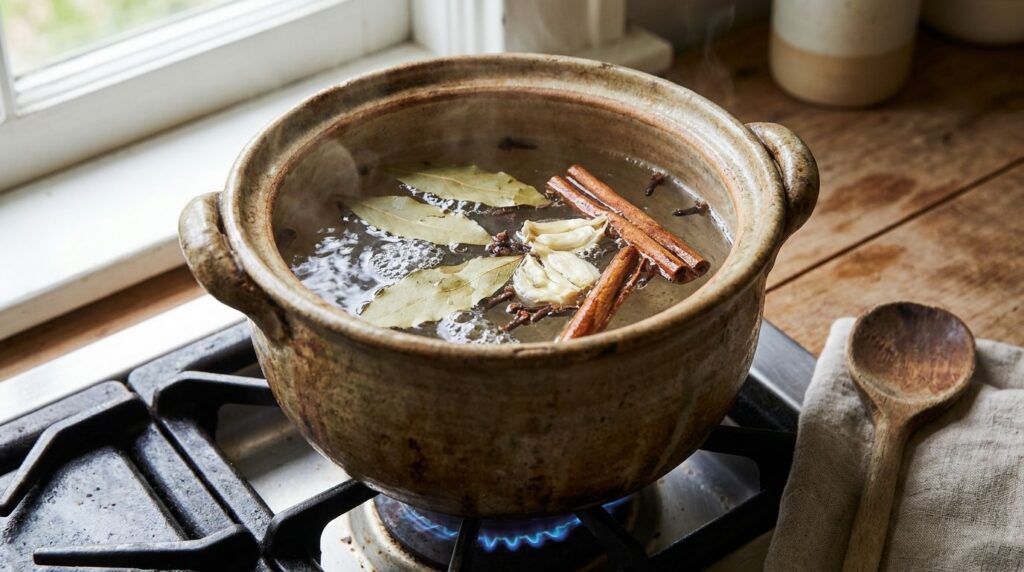 Close-up of a pot on a stove with water simmering and bay leaves garlic cloves and cinnamon sticks infusing