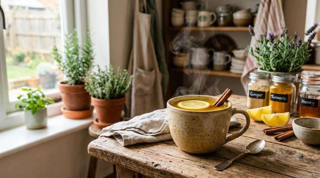 A steaming mug of natural wellness drink with lemon slices and a cinnamon stick on a cozy kitchen counter