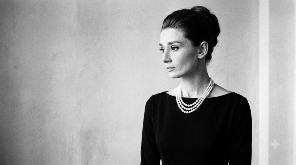 Audrey Hepburn in a classic elegant pose wearing a black dress and pearls